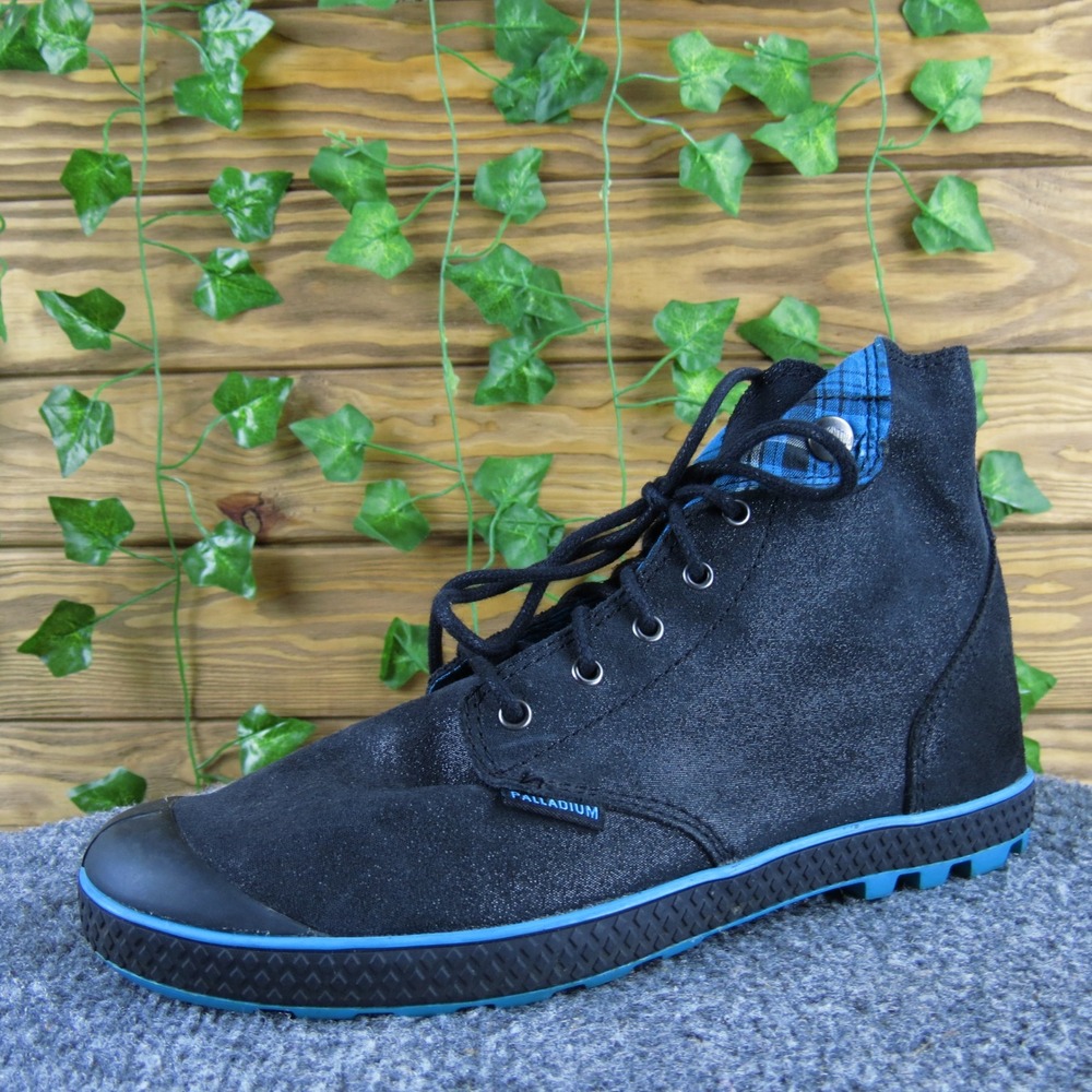 Palladium Pampa Women 6.5 Black Suede Lace-Up Boots Blue Plaid Lining Casual‎